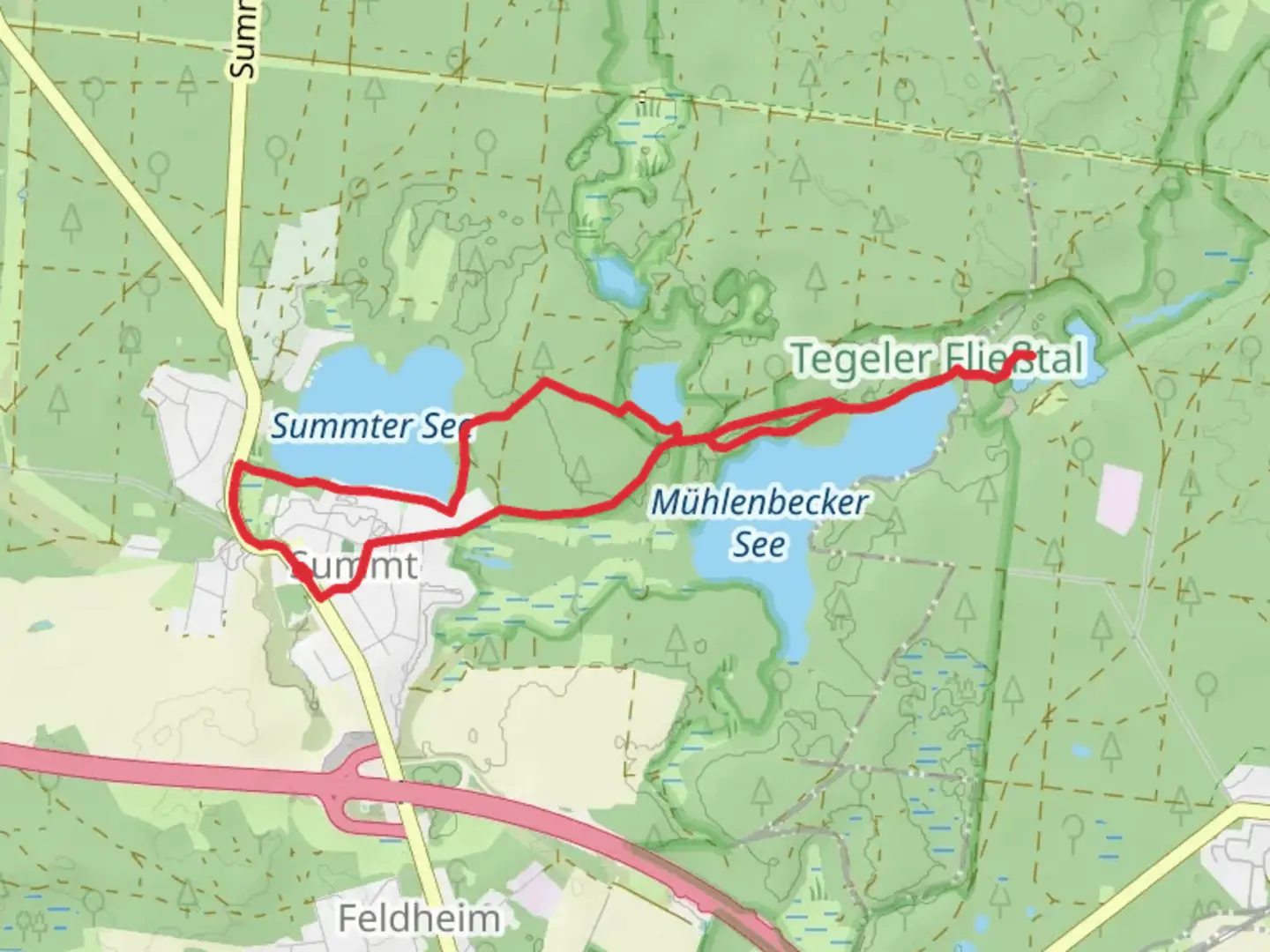 An image depicting the trail Summter See, Mühlenbecker See and Mühlenteich and its surrounding area.