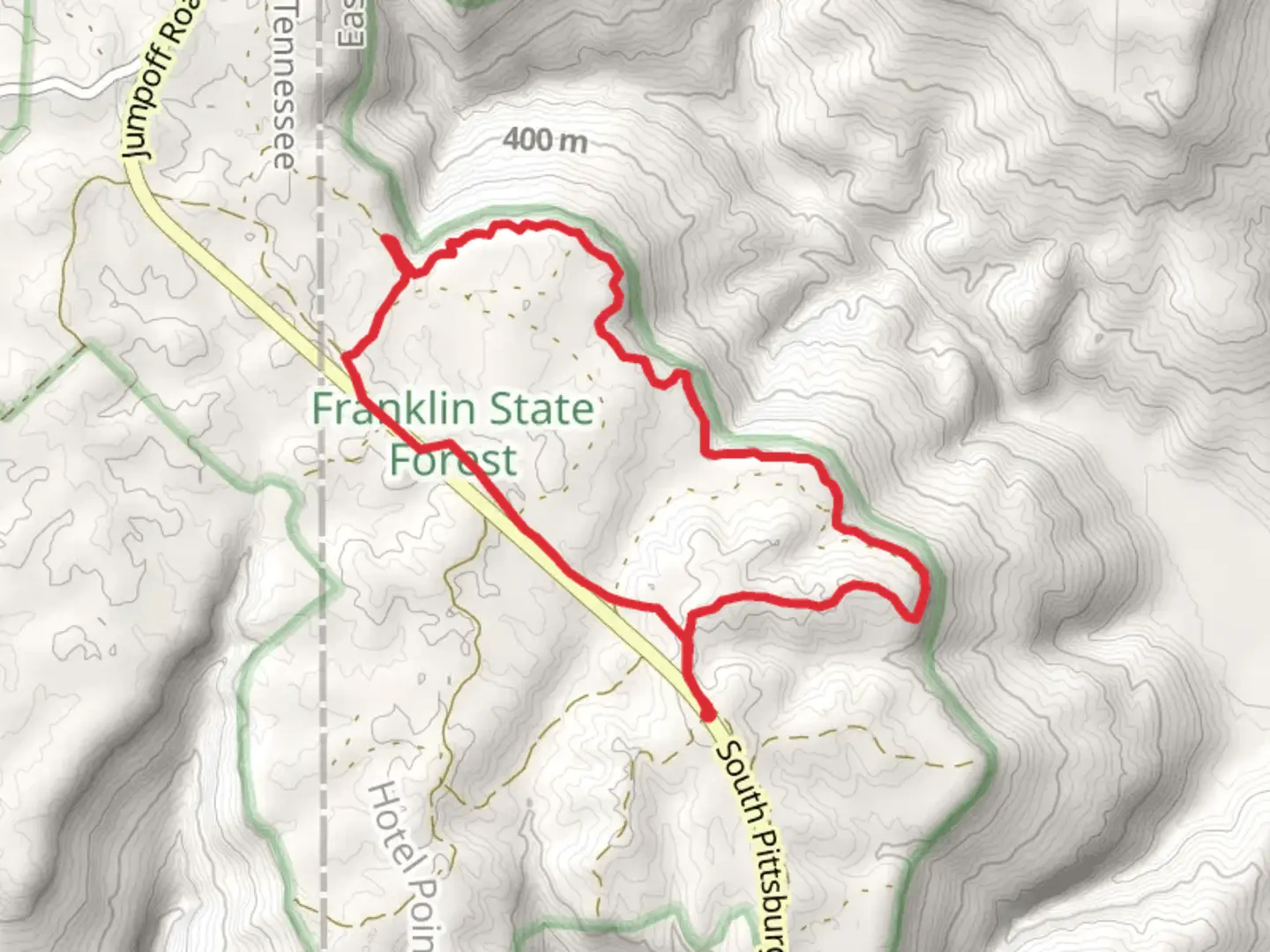 An image depicting the trail South Pittsburg Mountain Road and Hiking Trail and its surrounding area.