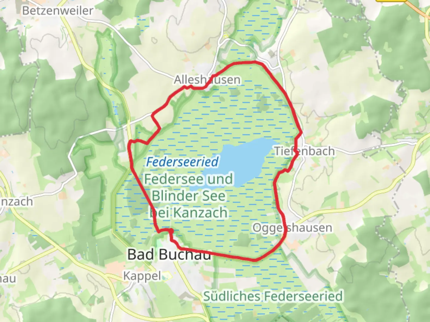 An image depicting the trail Federsee Loop and its surrounding area.