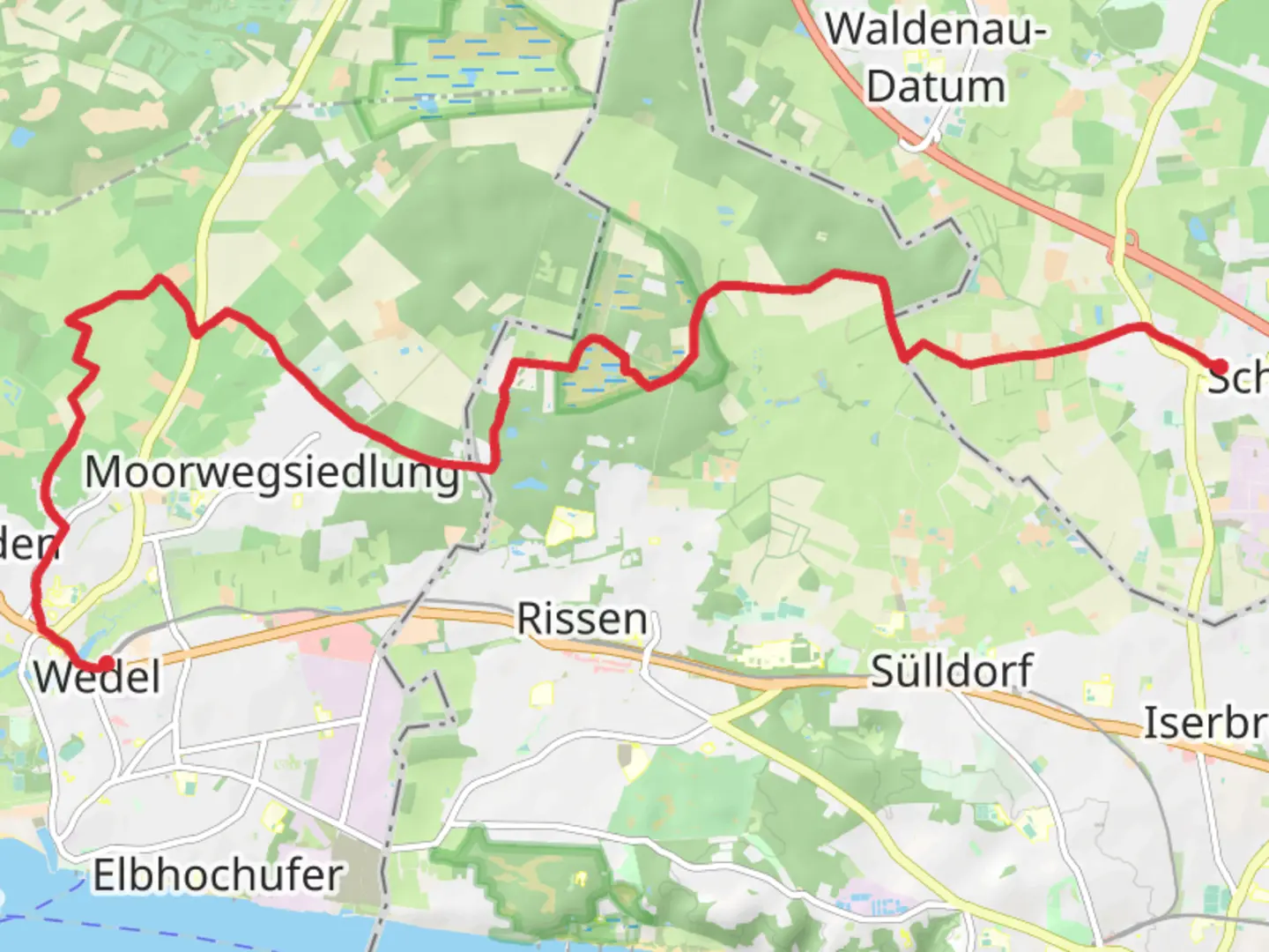 An image depicting the trail Schenefeld to Wedel via Feldweg and Siedmoorweg and its surrounding area.