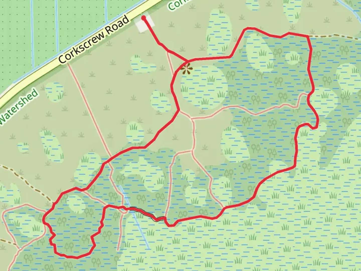 An image depicting the trail Corkscrew Road Loop and its surrounding area.