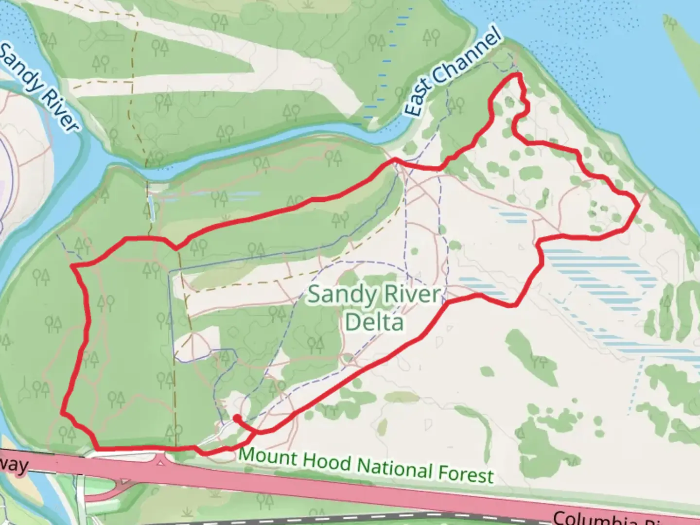 An image depicting the trail Boundary, Meadow and Old Channel Loop Trail and its surrounding area.