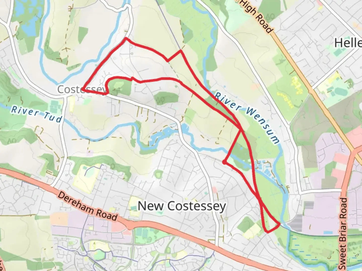 An image depicting the trail Gunton Lane Recreation Area and Costessey Loop and its surrounding area.
