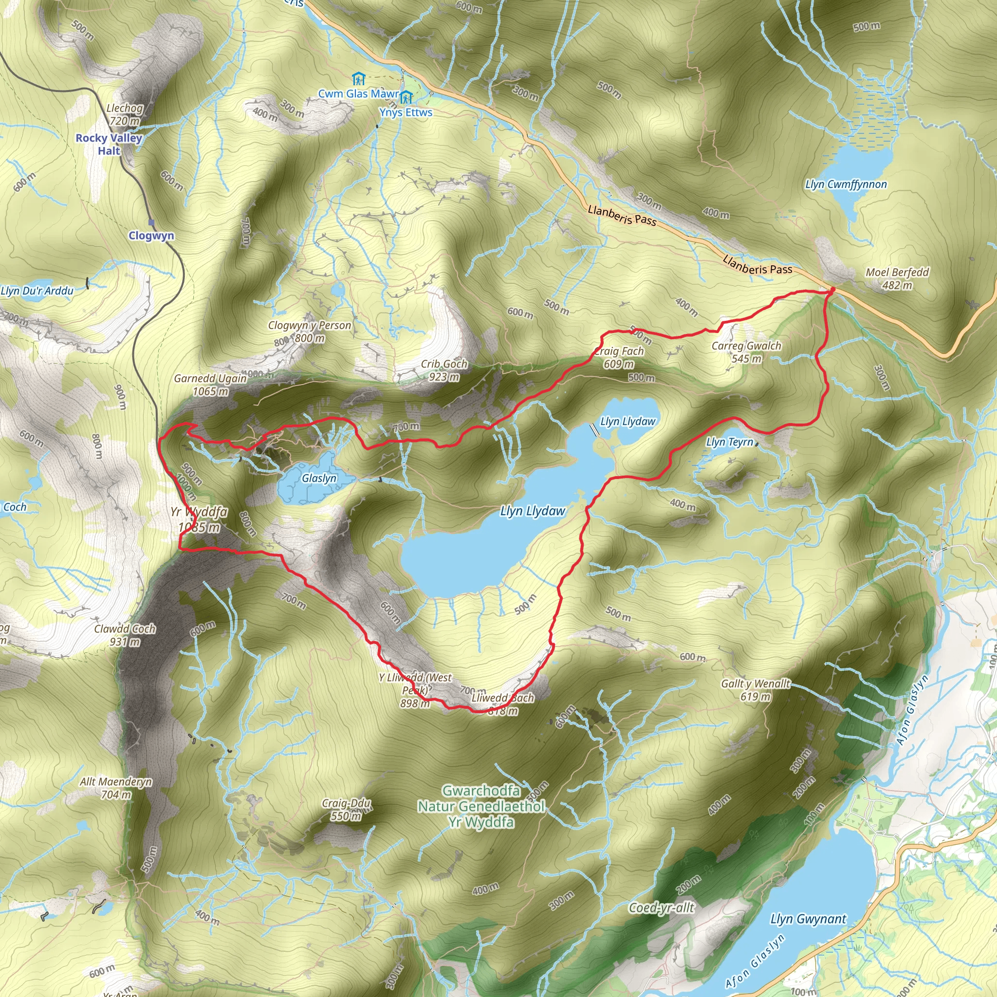Y Lliwedd and Snowdon from Pen-y-pass mobile static map
