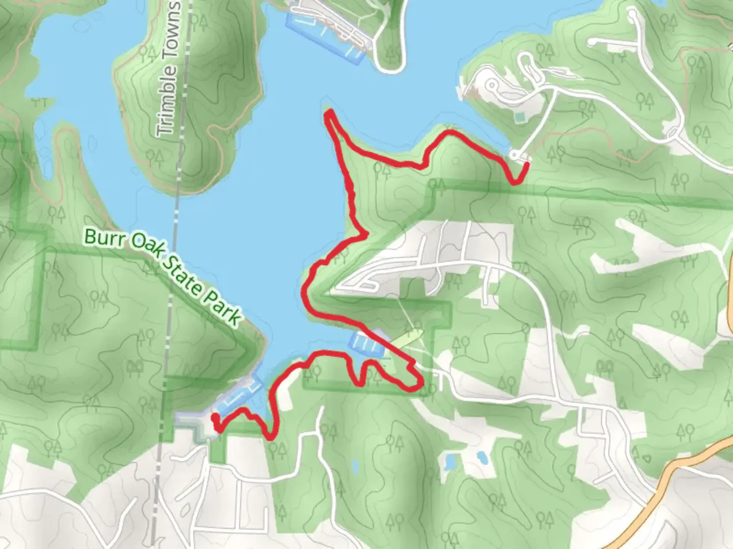An image depicting the trail Burr Oak Backpack Trail - Short and its surrounding area.
