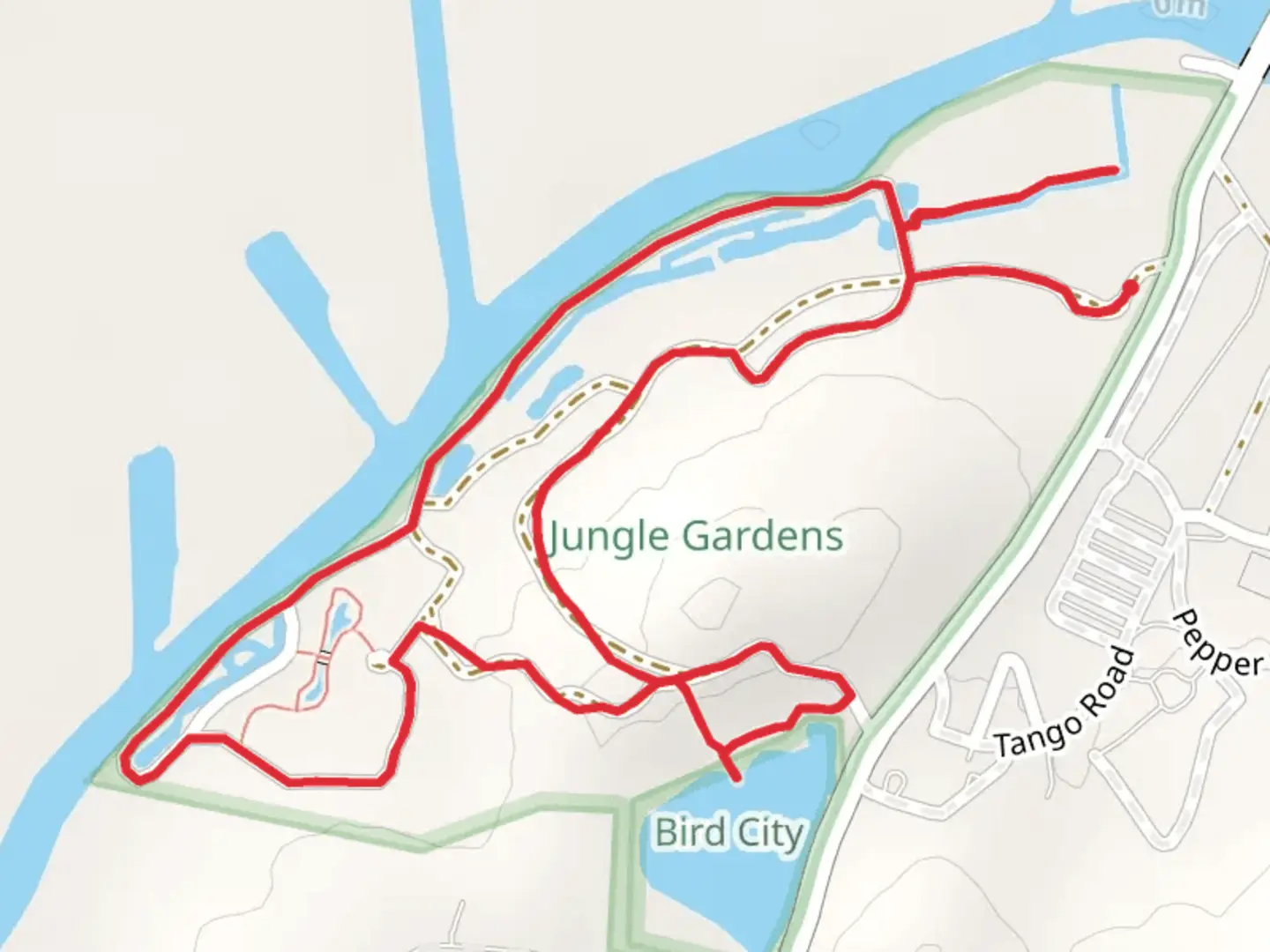 An image depicting the trail Jungle Gardens Loop and its surrounding area.