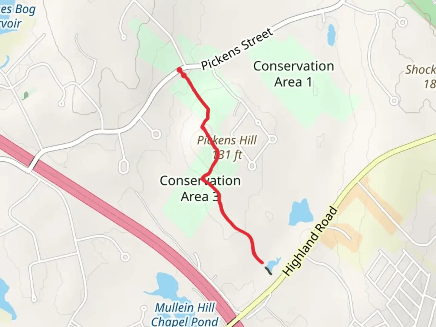 An image depicting the trail Mill Pond, Conservation Area 2 and 3 Trail from Pickens Street and its surrounding area.