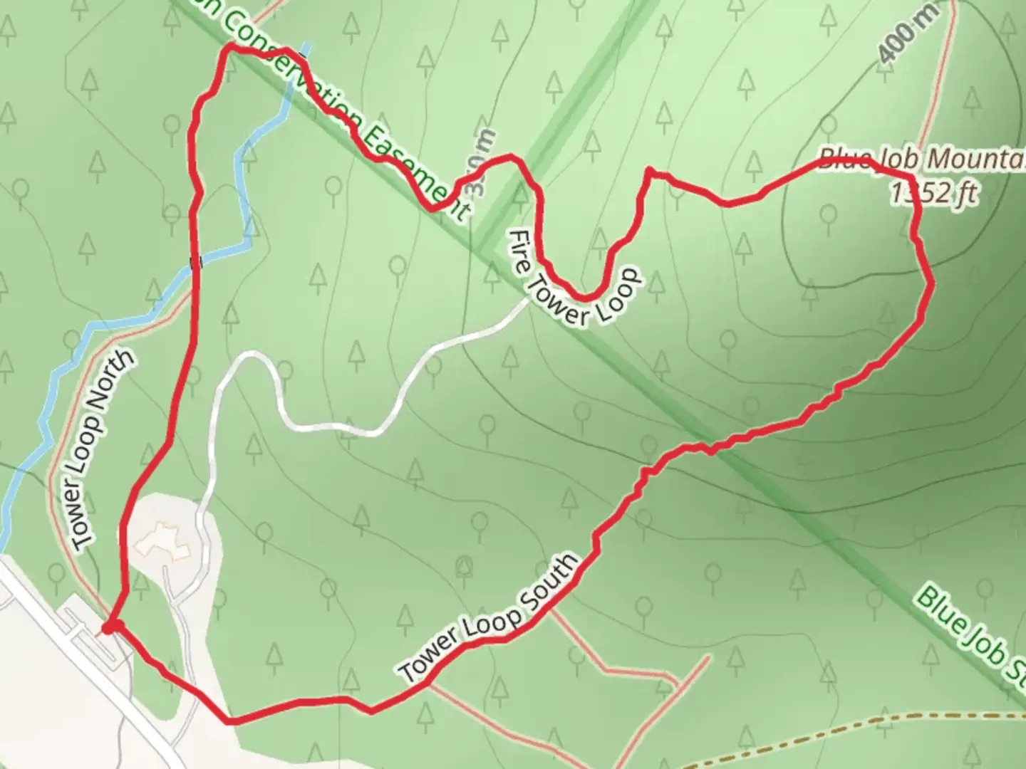 An image depicting the trail Blue Job Mountain via Towe Loop South and its surrounding area.