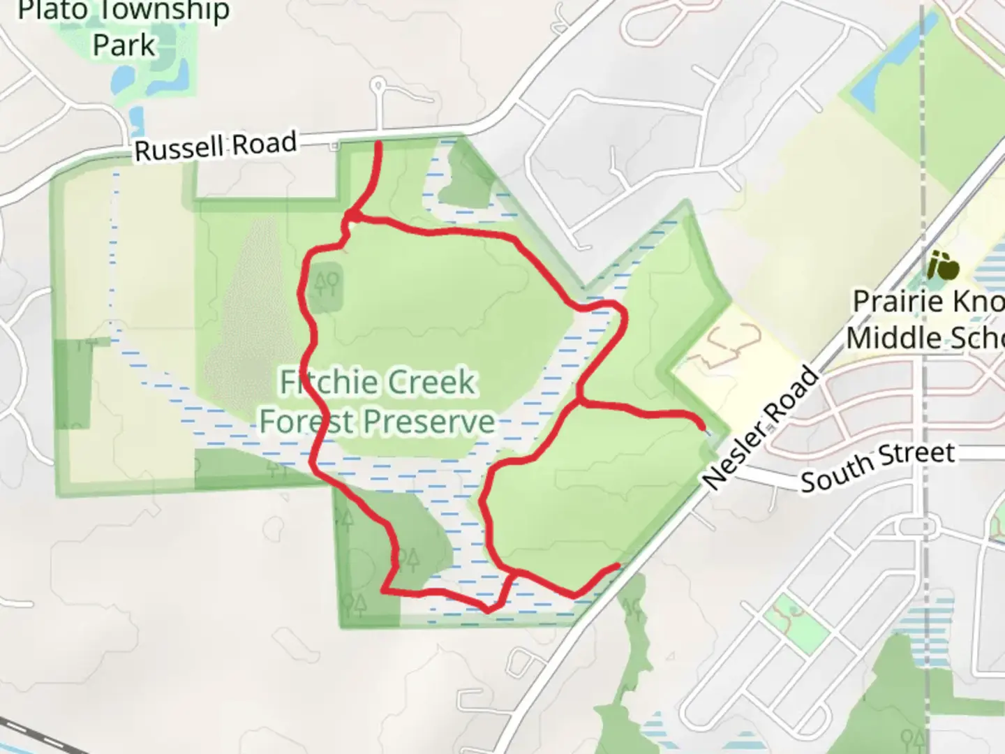 An image depicting the trail Fitchie Creek Forest Preserve Loop and its surrounding area.