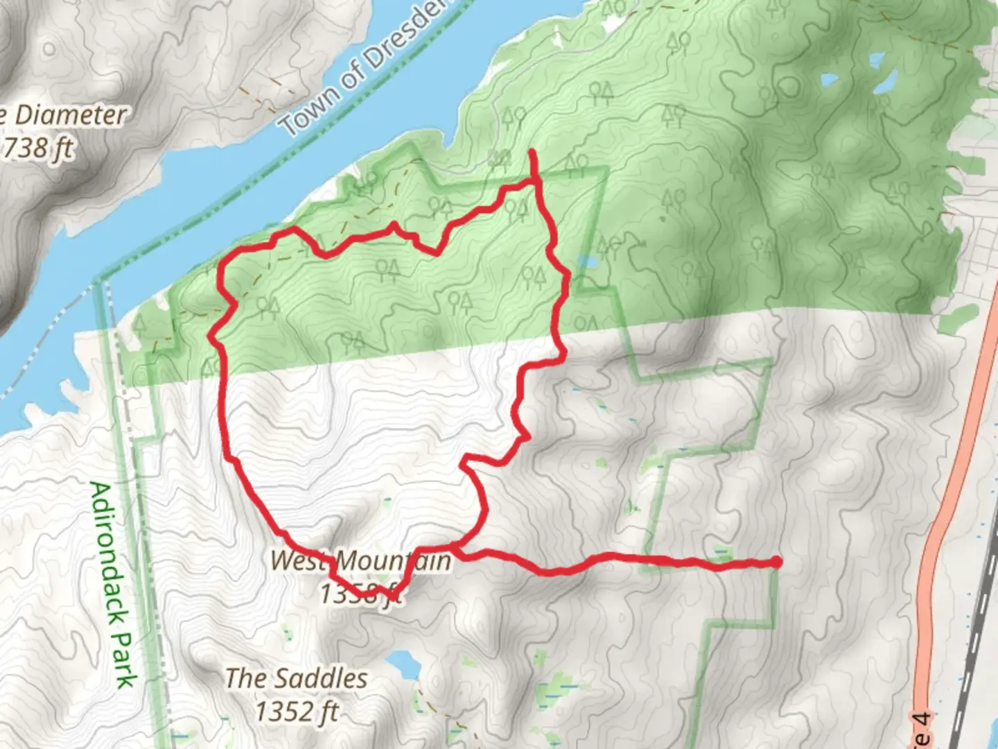 An image depicting the trail White Trail and West Mountain Loop Trail and its surrounding area.