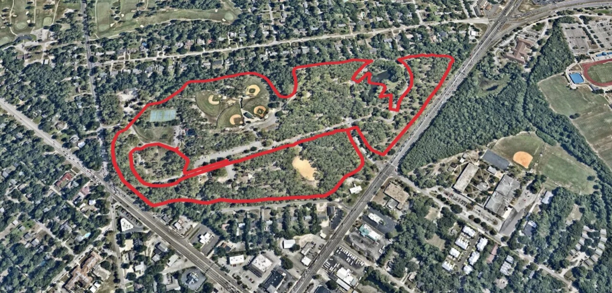 An image depicting the trail Long Leaf Park Loop and its surrounding area.