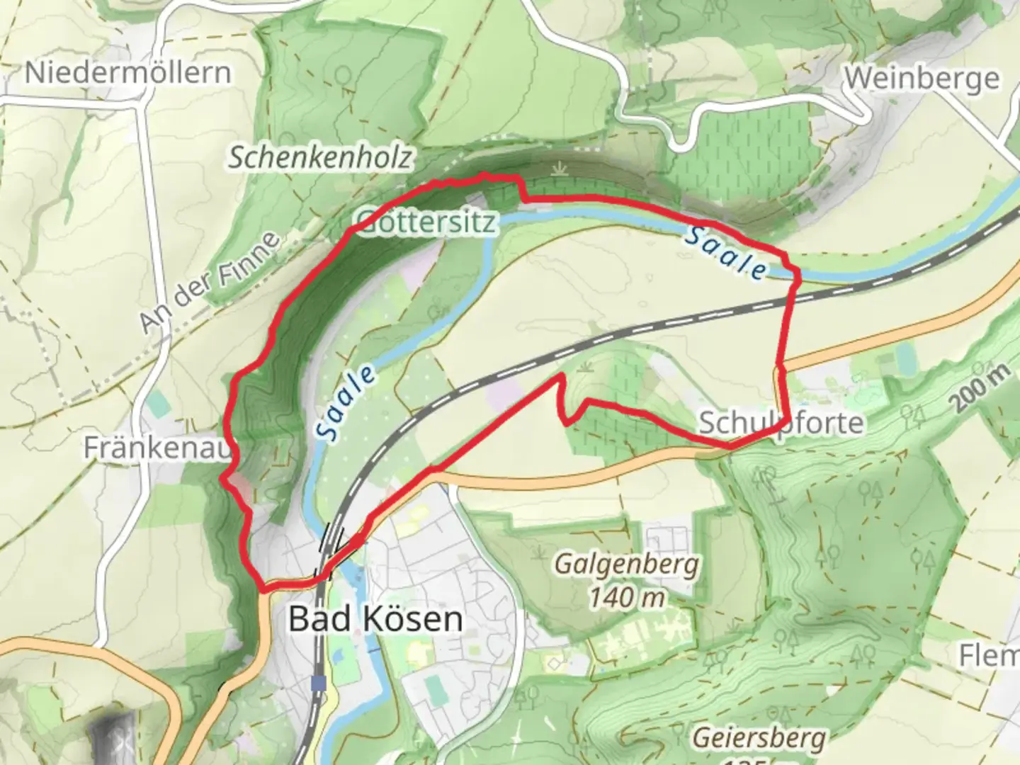 An image depicting the trail Köppelberg and Saale Loop via Am Fischhaus and its surrounding area.