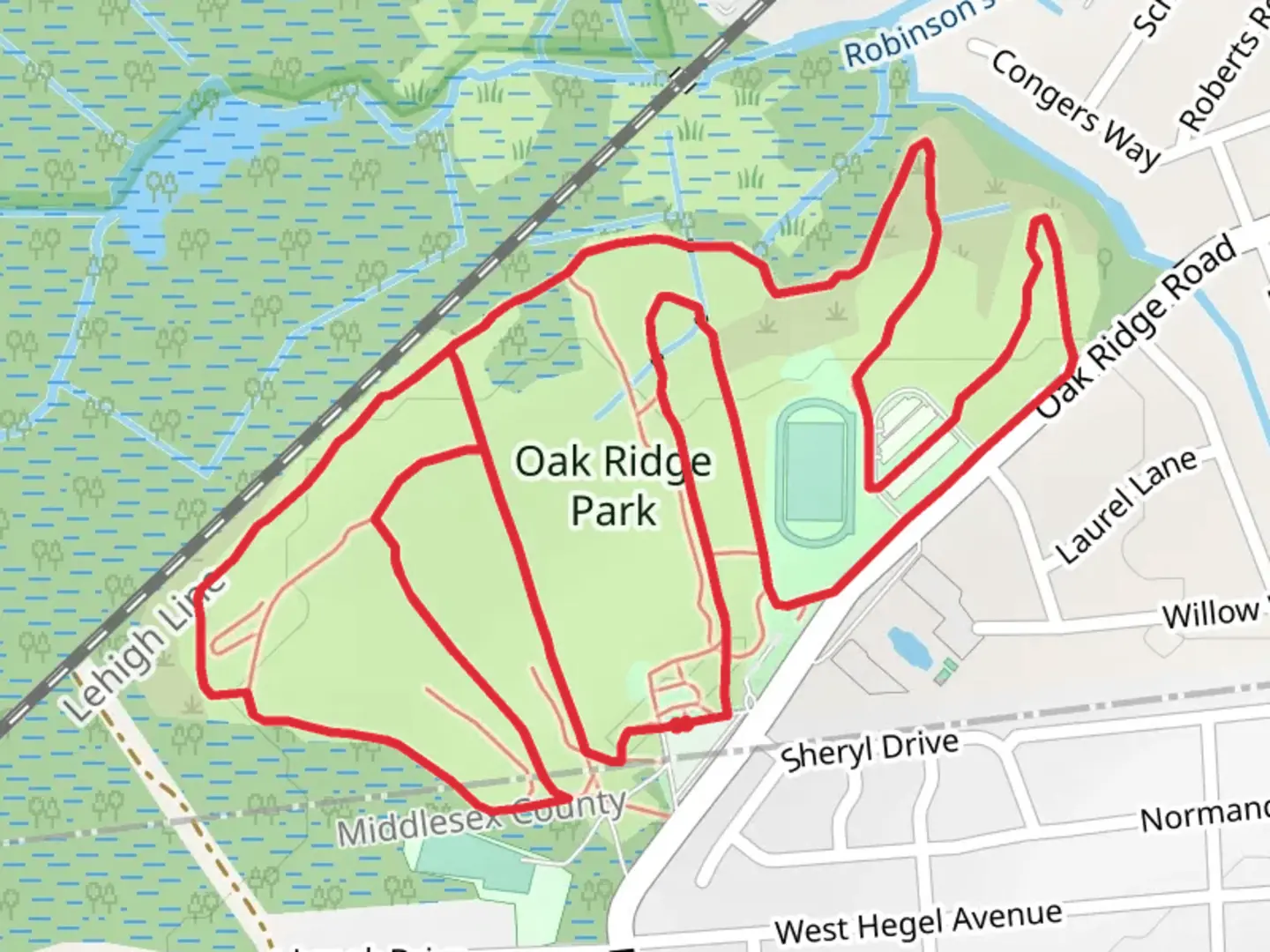 An image depicting the trail Oak Ridge Park Loop and its surrounding area.