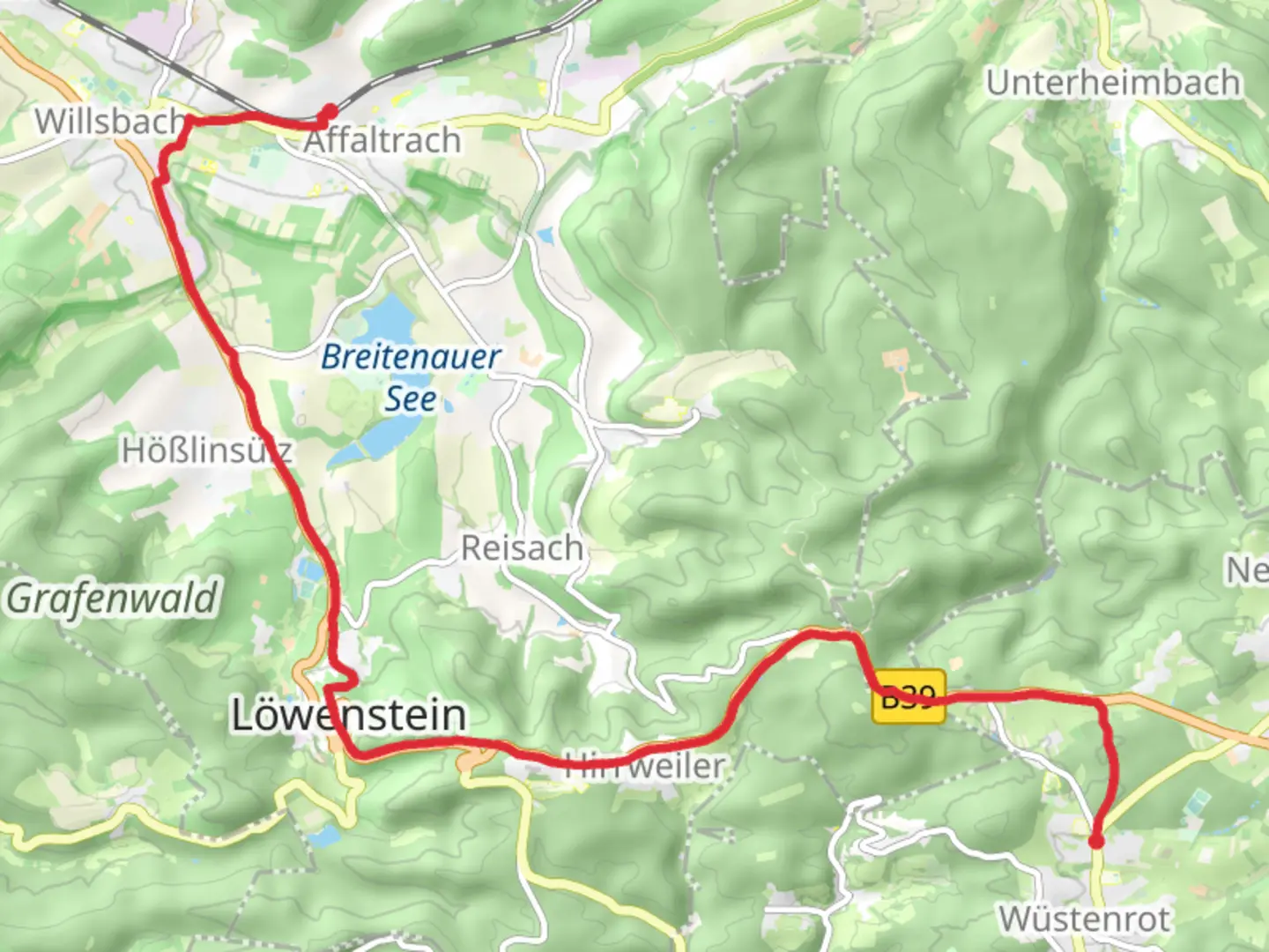 An image depicting the trail Affaltrach to Wustenrot Walk and its surrounding area.