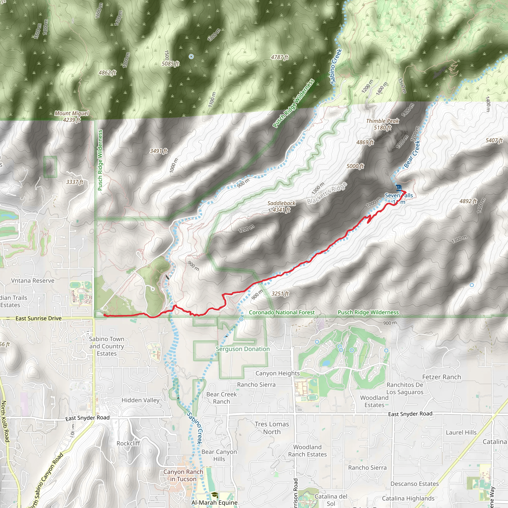 Bear Canyon Trail from Sabino Canyon Visitor Center mobile static map