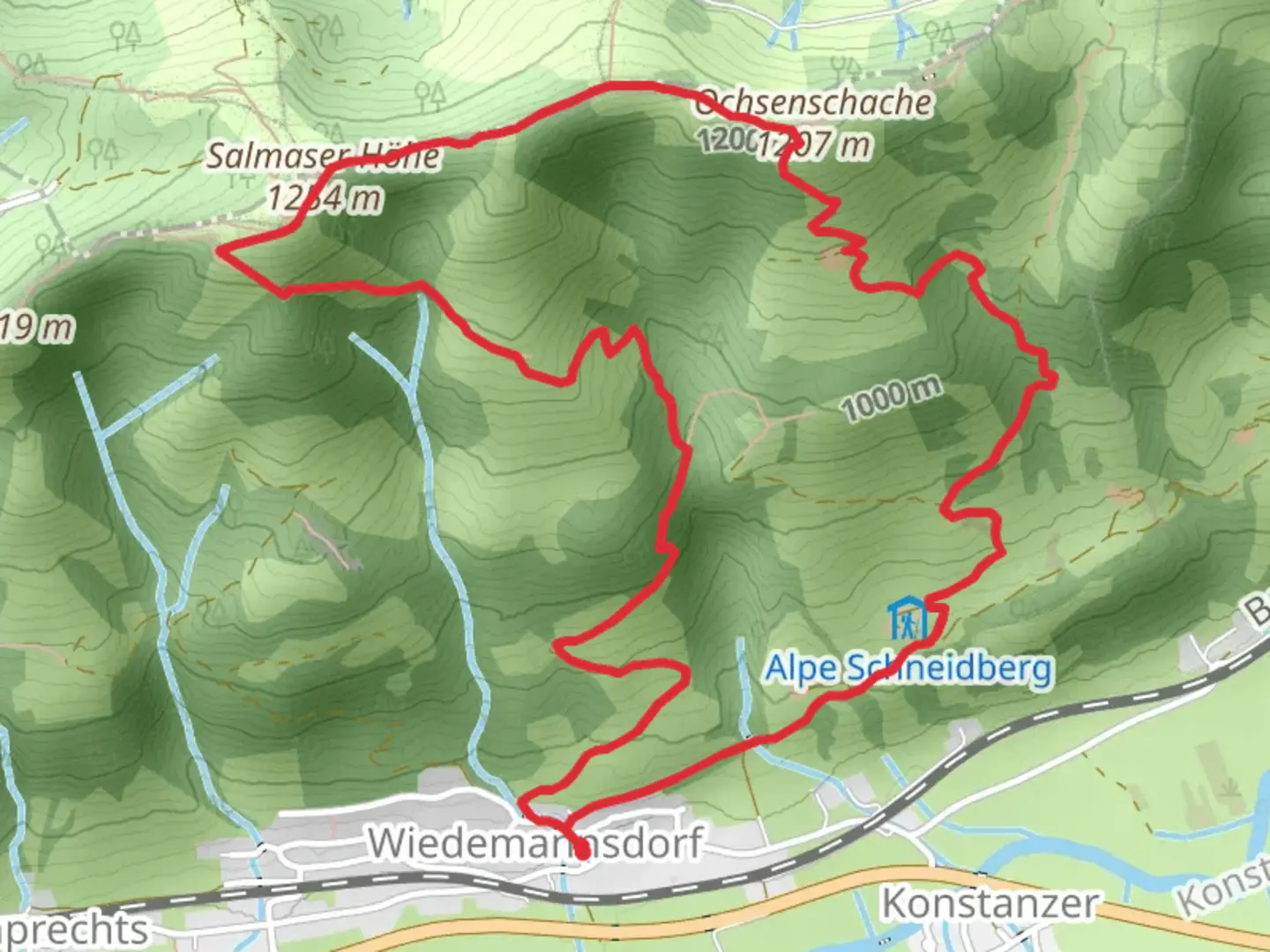 An image depicting the trail Schneidberg, Salmaser Hohe and Wannerlesalpe Loop and its surrounding area.