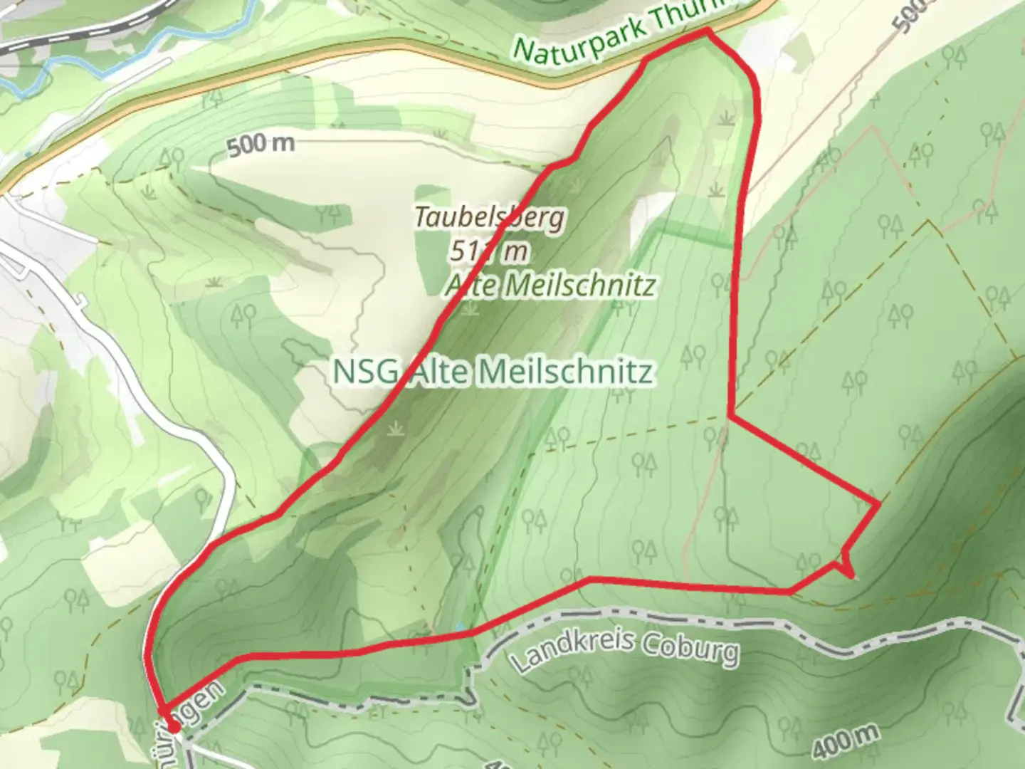 An image depicting the trail Taubelsberg via Schaumberger Land and Gruenes Band Thueringen LK SON and its surrounding area.