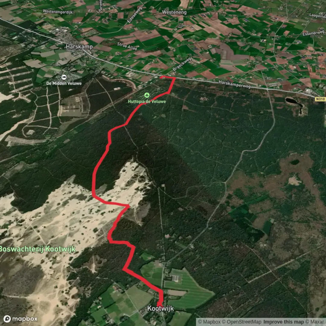 An image depicting the trail Kootwijk to Veentje via Huigenbosche and Harskamperdennen and its surrounding area.
