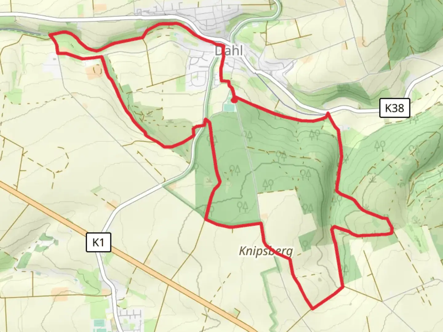 An image depicting the trail Dahl Rundweg, Josef Schmitz Weg and Paderborner Karstrundweg and its surrounding area.