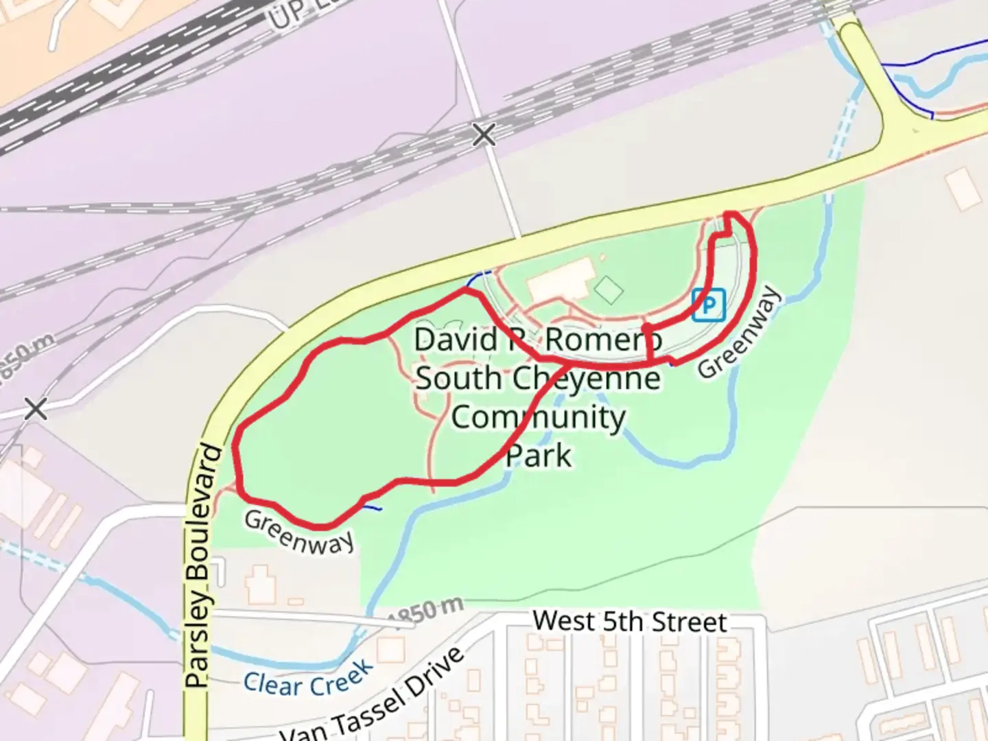 An image depicting the trail David R Romero South Cheyenne Community Park Loop and its surrounding area.