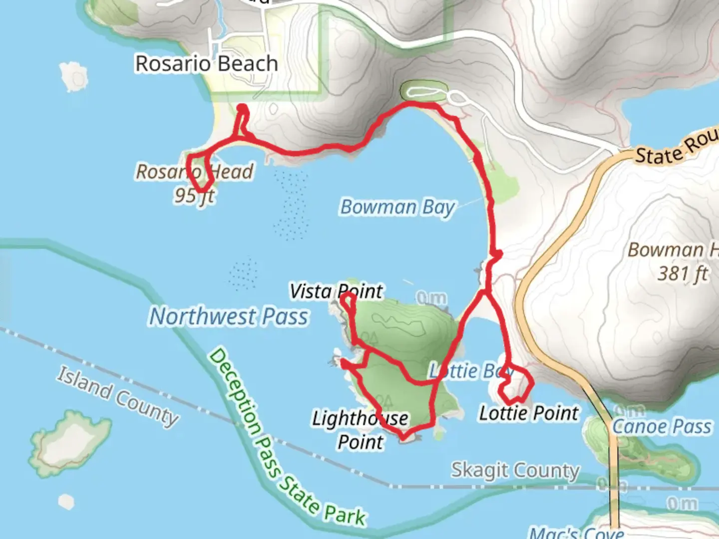 An image depicting the trail Rosario Head, Sharpe Cove and Lighthouse Point Loop and its surrounding area.
