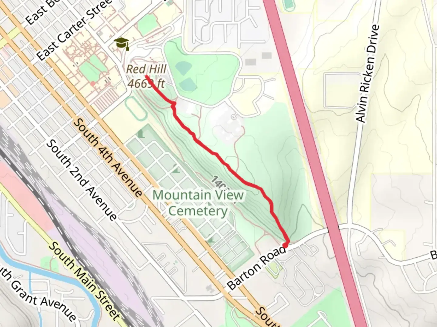 An image depicting the trail Red Hill Out and Back and its surrounding area.