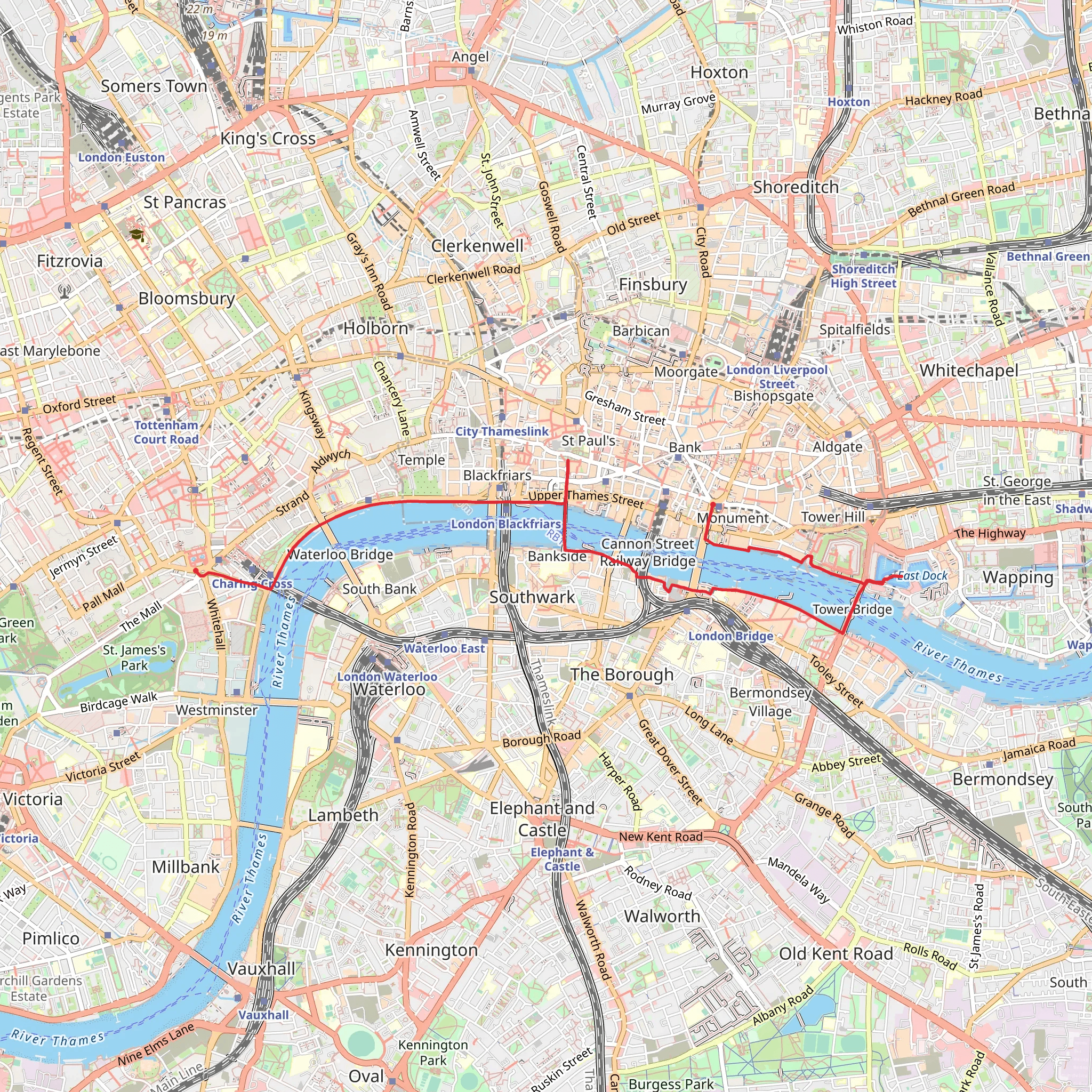 The Monument to Trafalgar Square via Southwark mobile static map