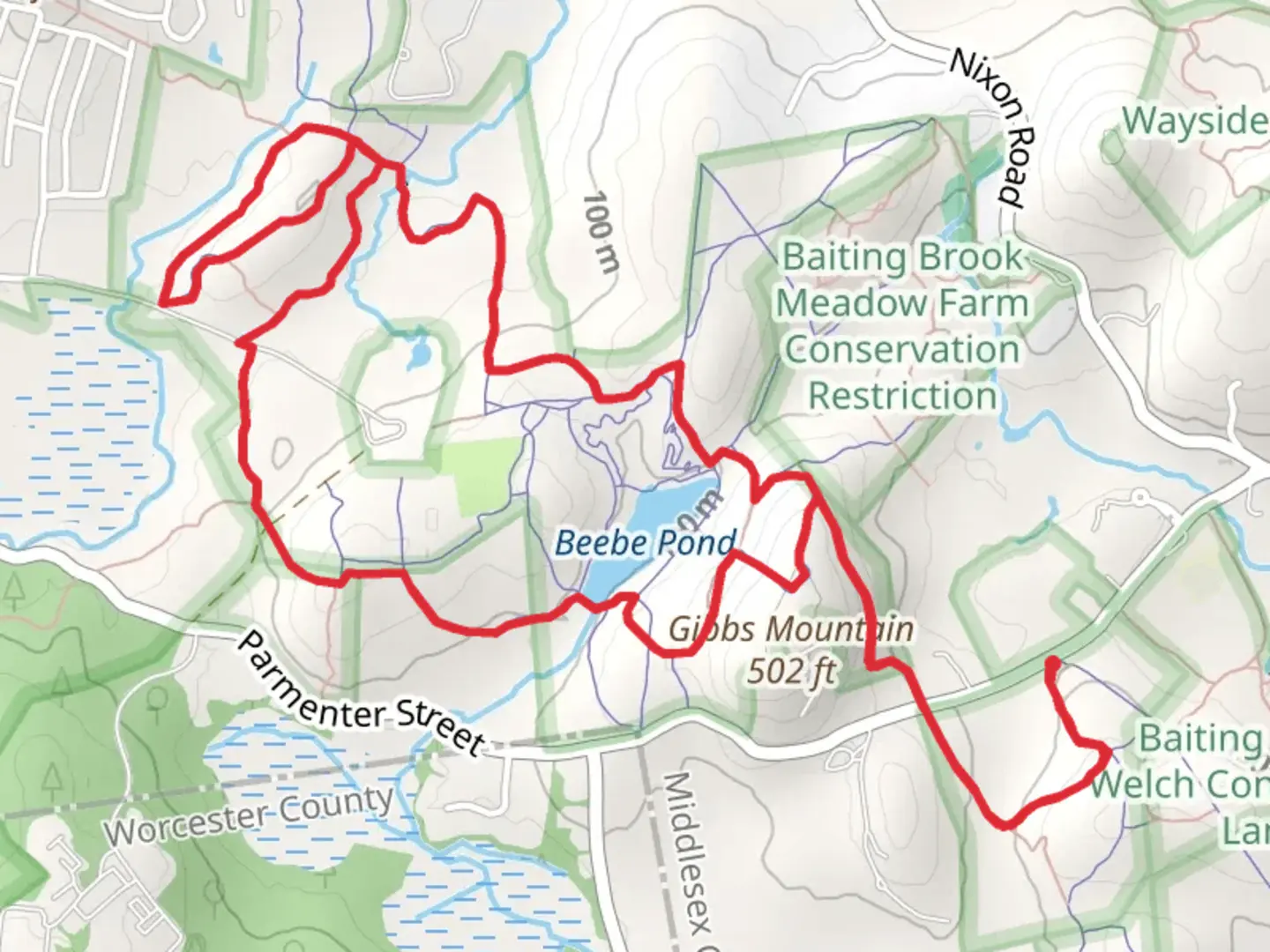 An image depicting the trail Beebe Pond, Acorn Trail and Backpacker Trail Loop and its surrounding area.