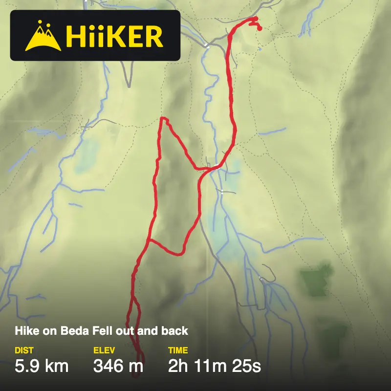 A map preview of the recording Hike on Beda Fell out and back.
