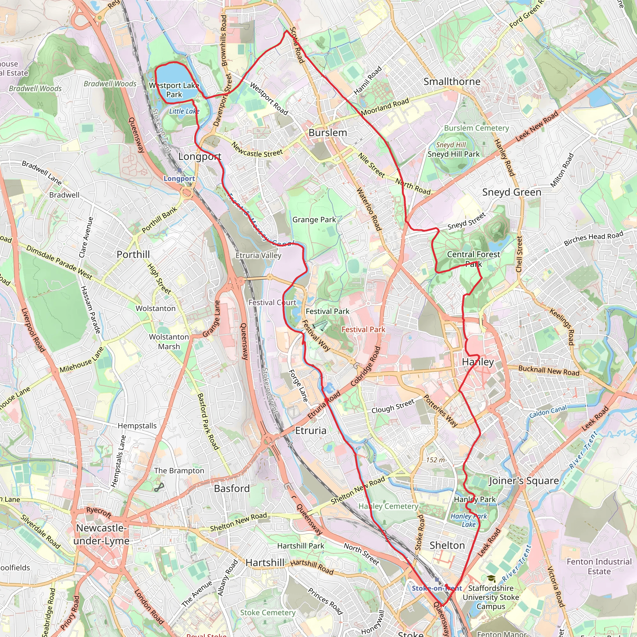 Westport Lake, Cobridge Park and Hanley Park Lake via Two Saints Way mobile static map