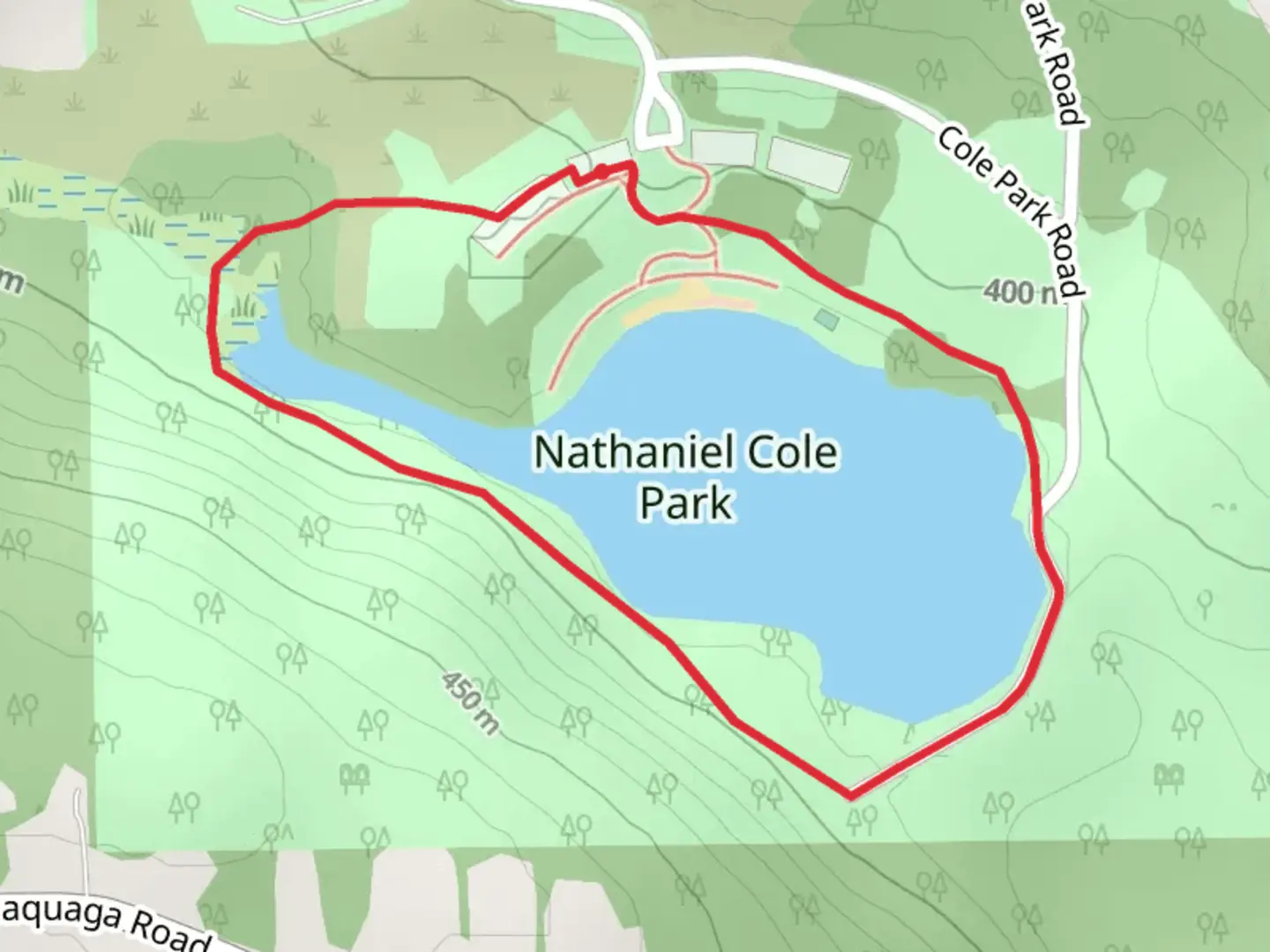 An image depicting the trail Nathaniel Cole Park Pond Loop and its surrounding area.