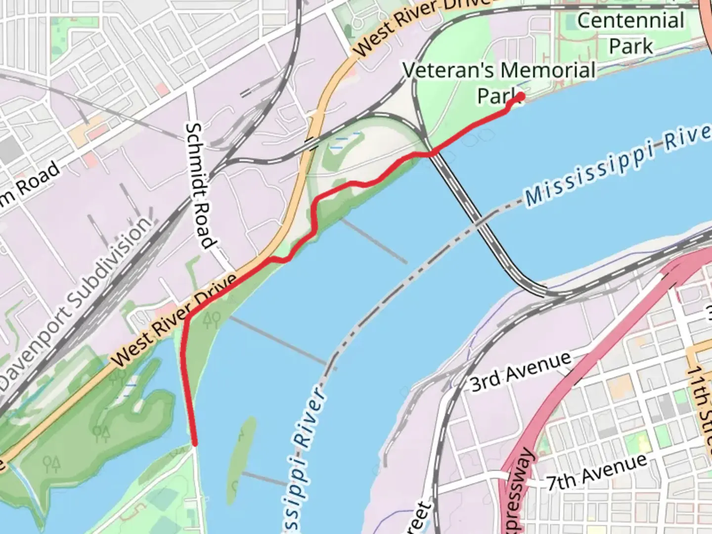 An image depicting the trail Riverfront Trail from Veteran's Memorial Park and its surrounding area.
