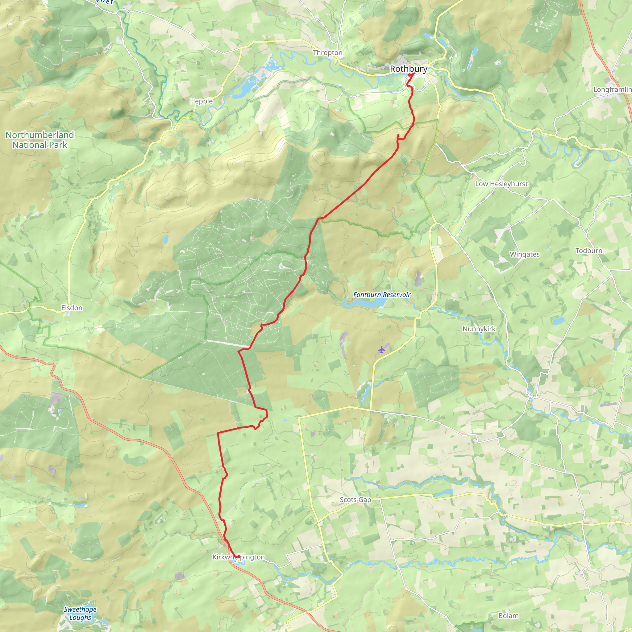 Rothbury to Kirkwhelpington Walk mobile static map