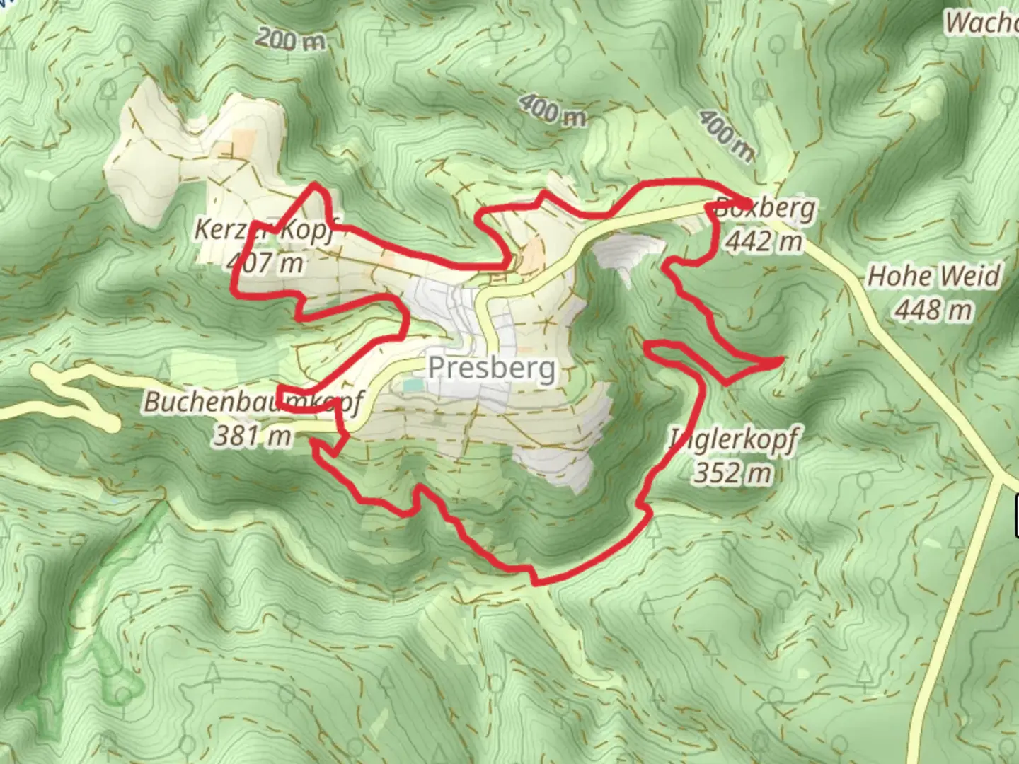 An image depicting the trail Wisper Trail and Rundweg Eule Loop and its surrounding area.