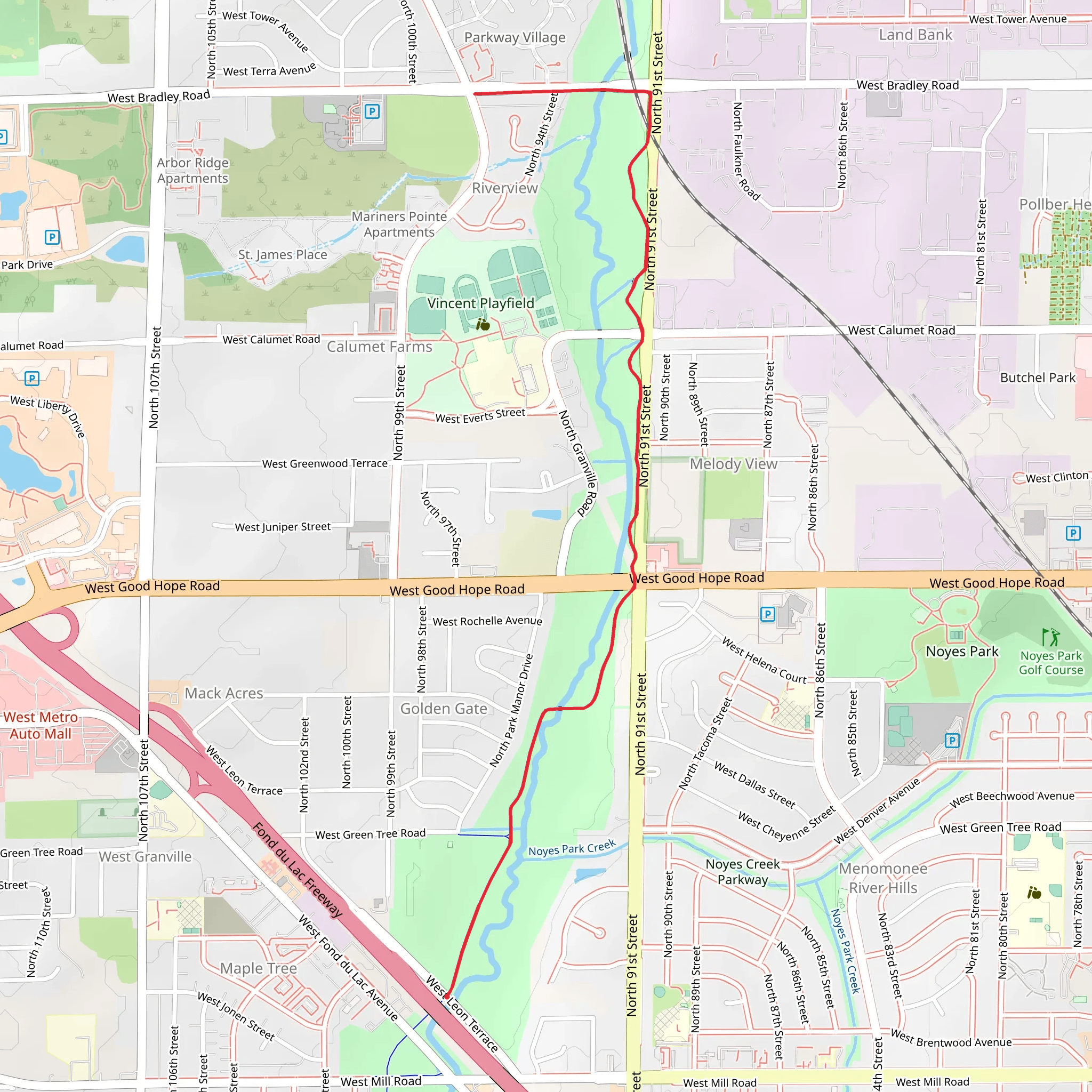 Walk along Little Menomonee River from West Leon Terrace mobile static map