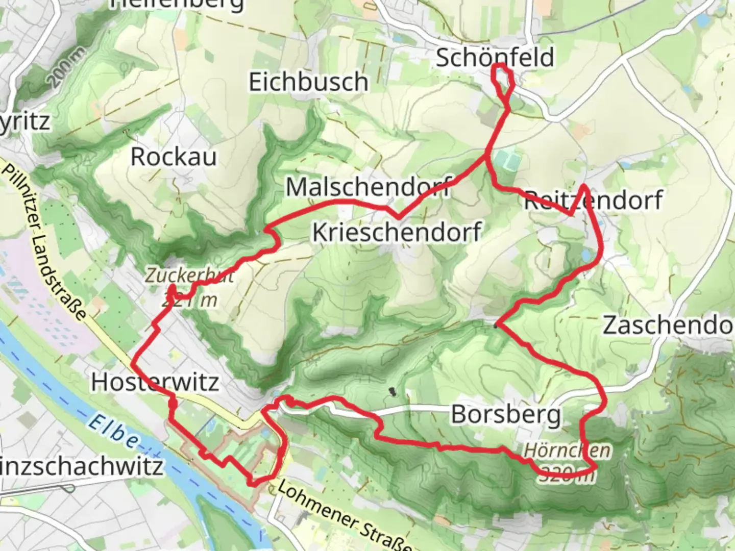An image depicting the trail Schloss Pillnitz, Zuckerhut and Borsberg Loop and its surrounding area.