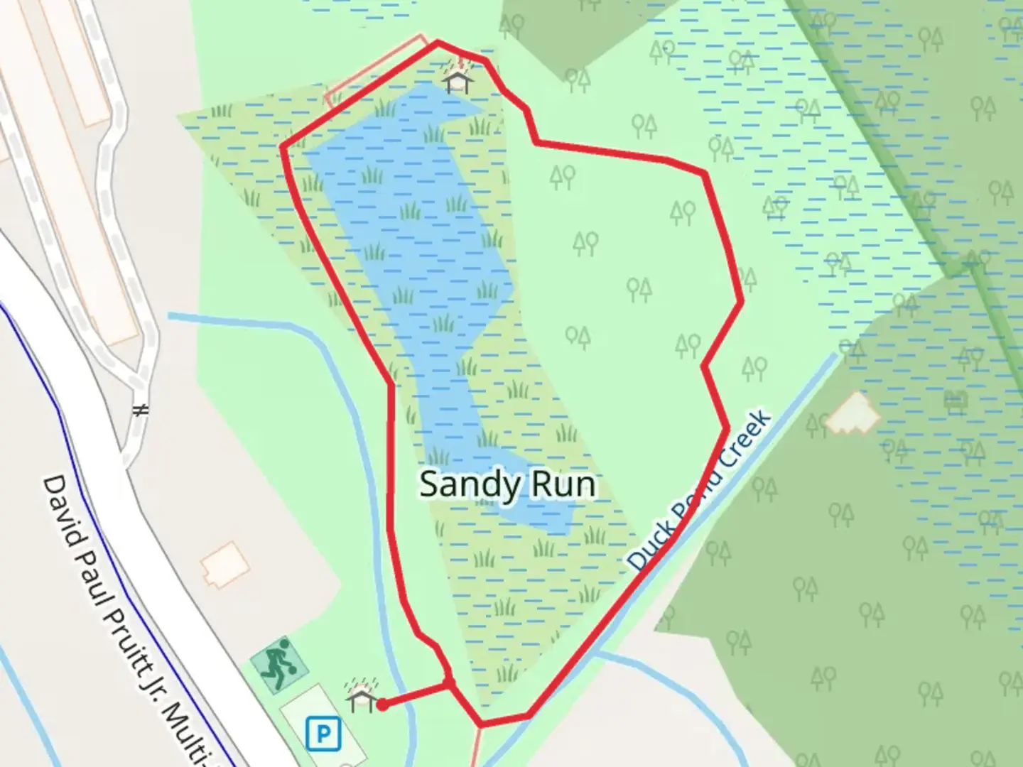 An image depicting the trail Sandy Run Loop via Duck Pond Creek and its surrounding area.