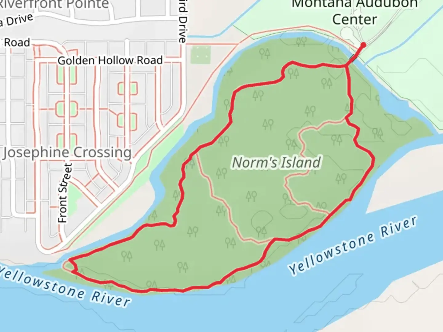 An image depicting the trail Norm's Island Loop and its surrounding area.