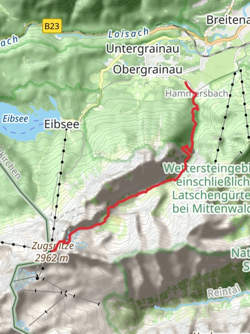 An image depicting the trail Zugspitze via Hammersbach and its surrounding area.