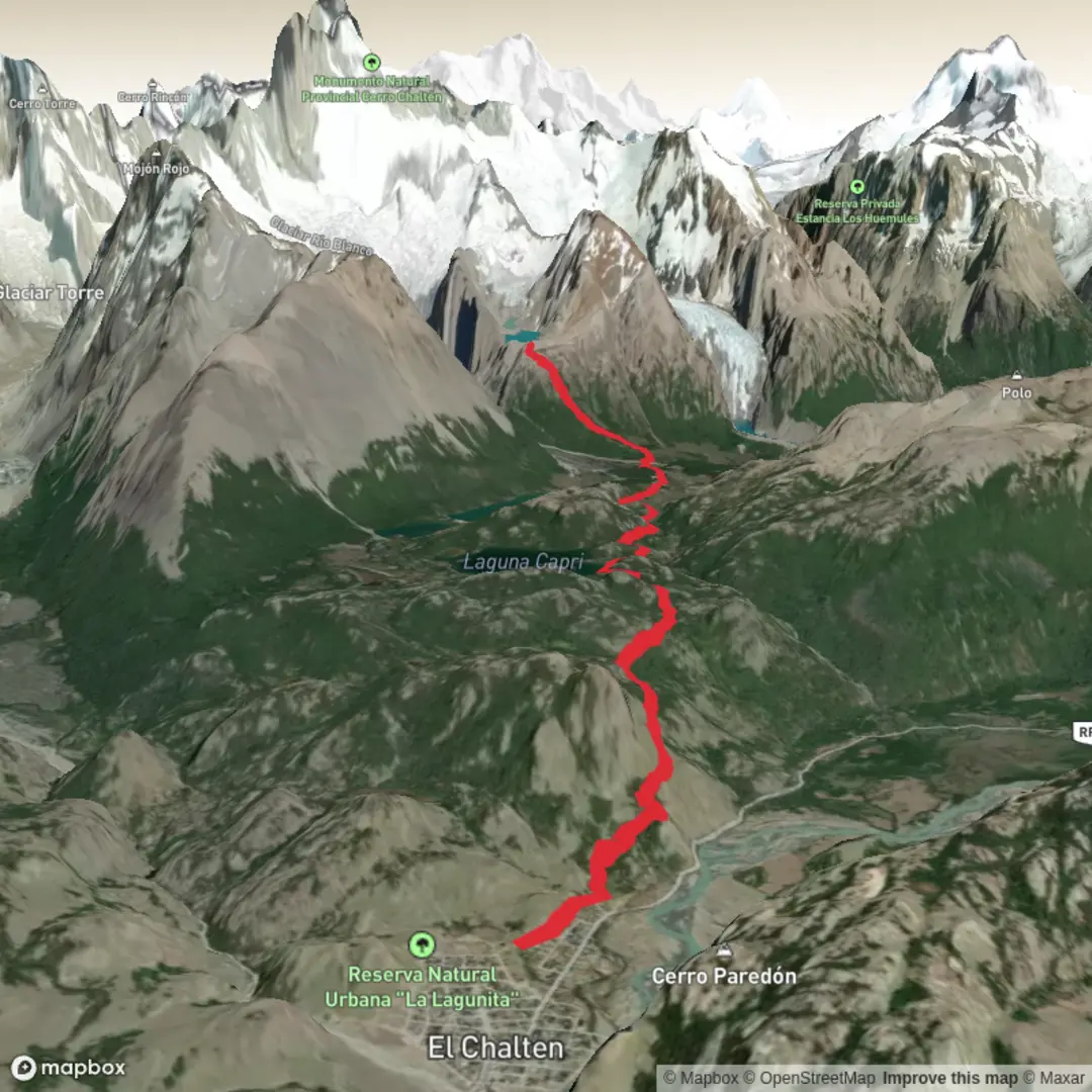 An image depicting the trail El Chalten - Laguna de los Tres and its surrounding area.