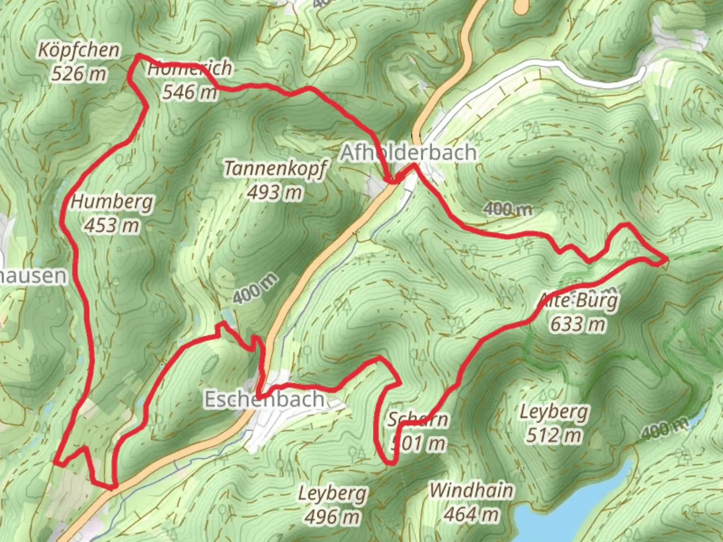 An image depicting the trail Afholderbach and Eschenbach Loop and its surrounding area.