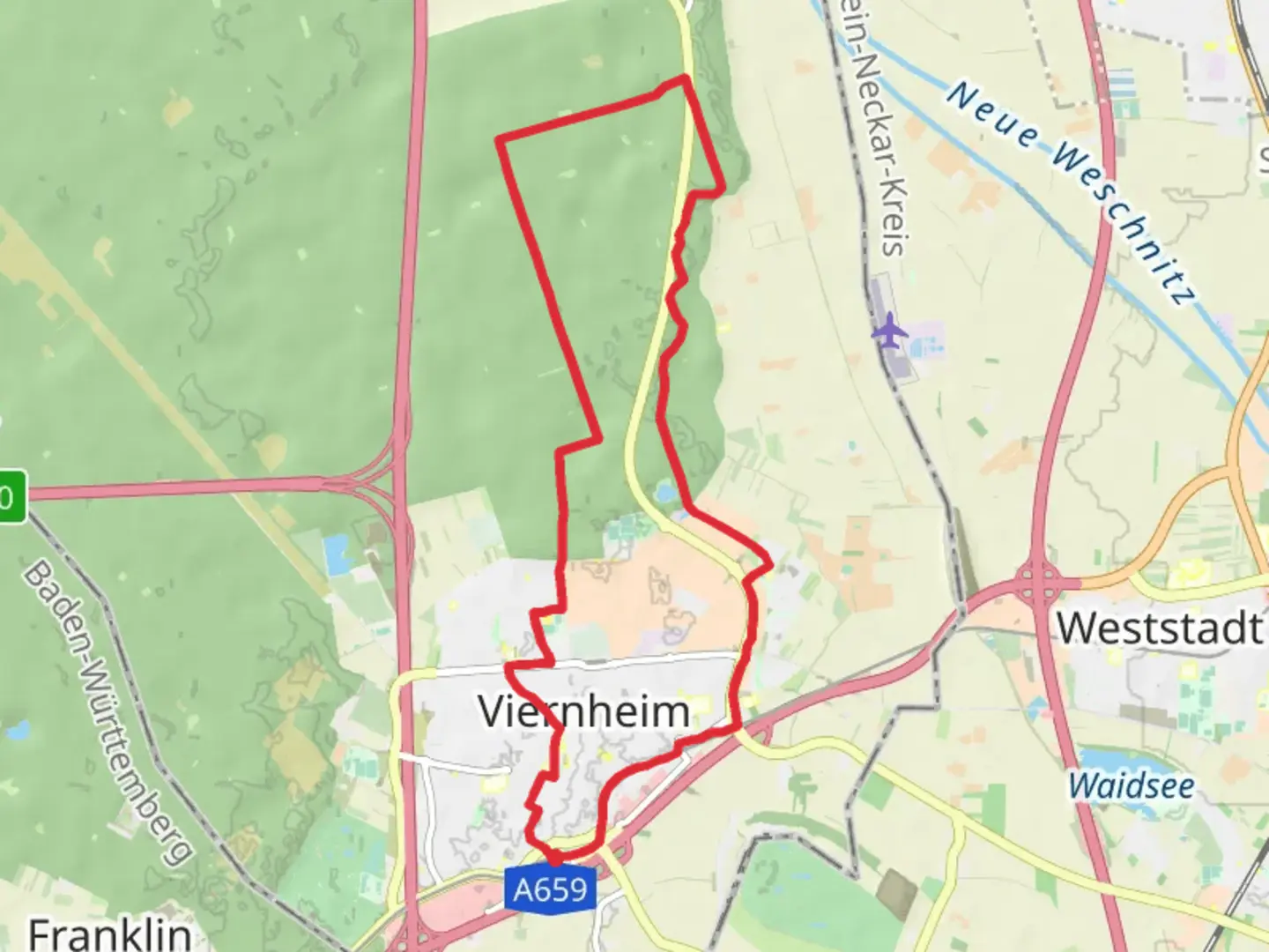 An image depicting the trail Viernheim Loop and its surrounding area.