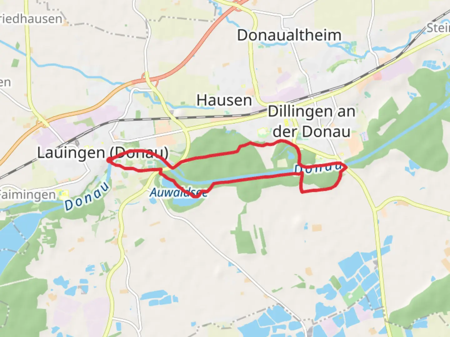 An image depicting the trail Stadtkapelle Lauingen, Lindach, Auwalldsee and River Donau Loop and its surrounding area.