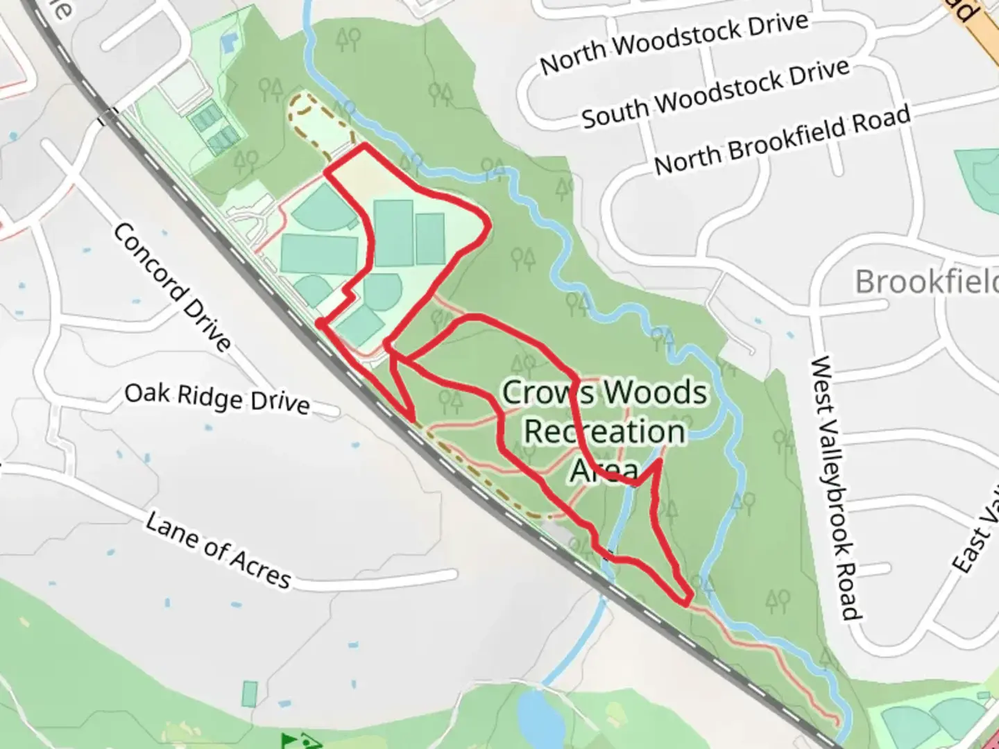 An image depicting the trail Crows Woods Recreation Area Loop and its surrounding area.