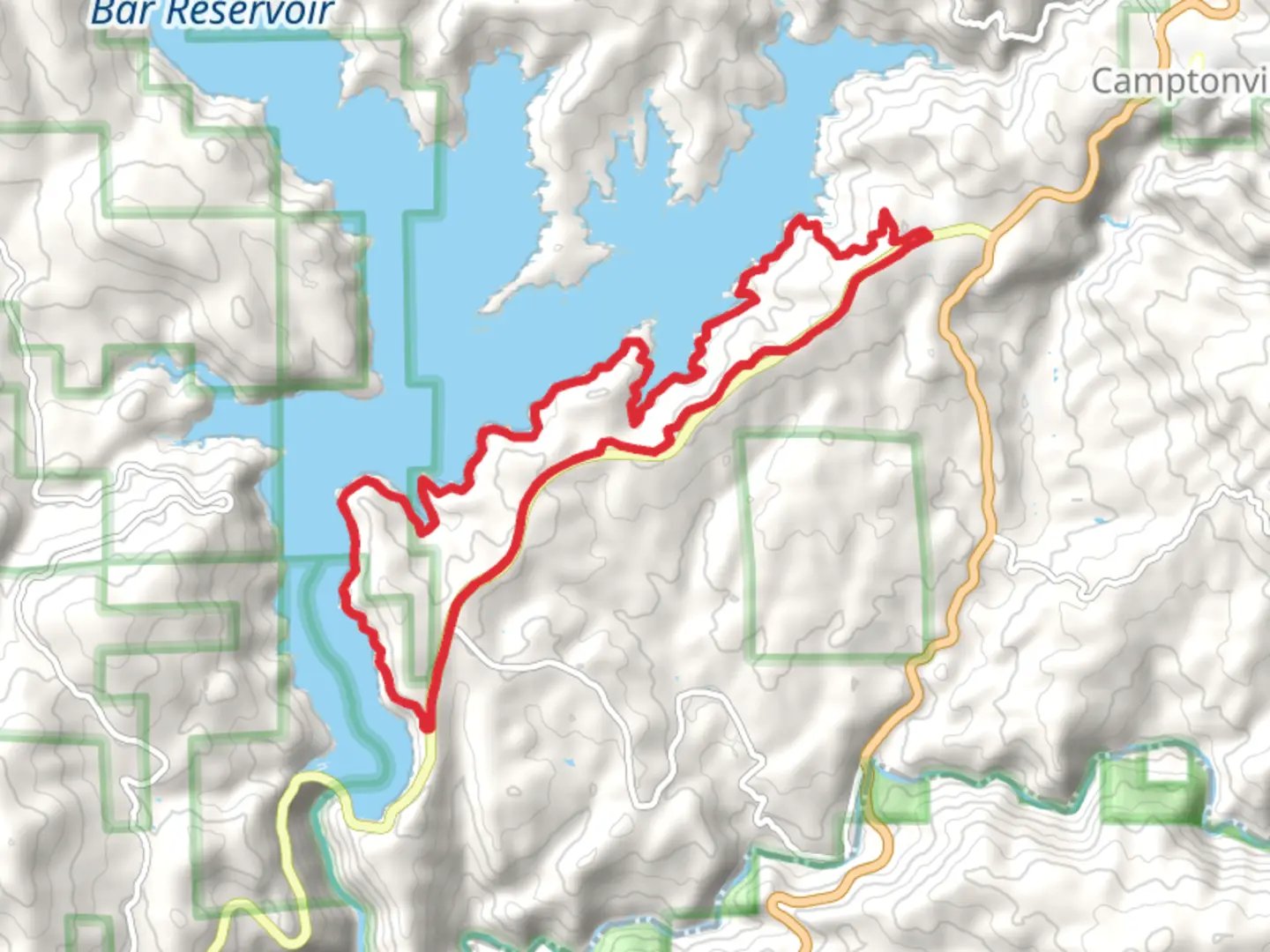 An image depicting the trail Bullards Bar Trail and Marysville Road Loop and its surrounding area.