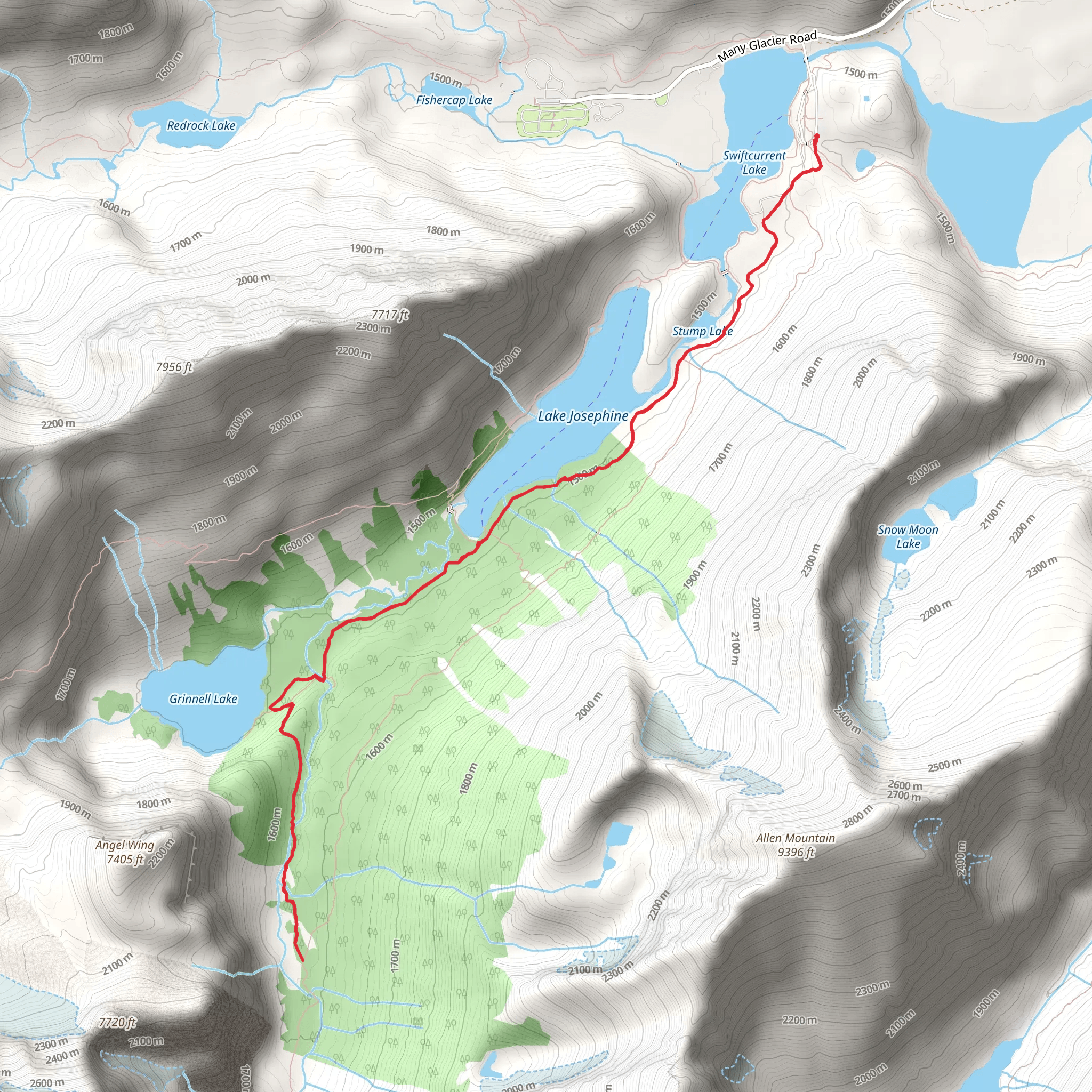 Feather Plume Cutoff Trail from Swiftcurrent Lake mobile static map