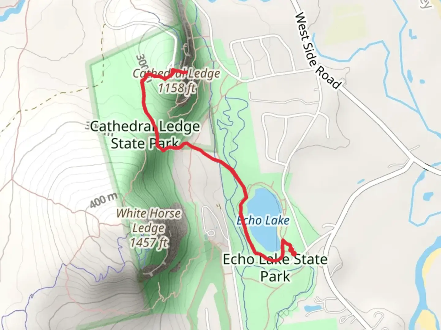 An image depicting the trail Echo Lake to Cathedral Ledge Trail and its surrounding area.