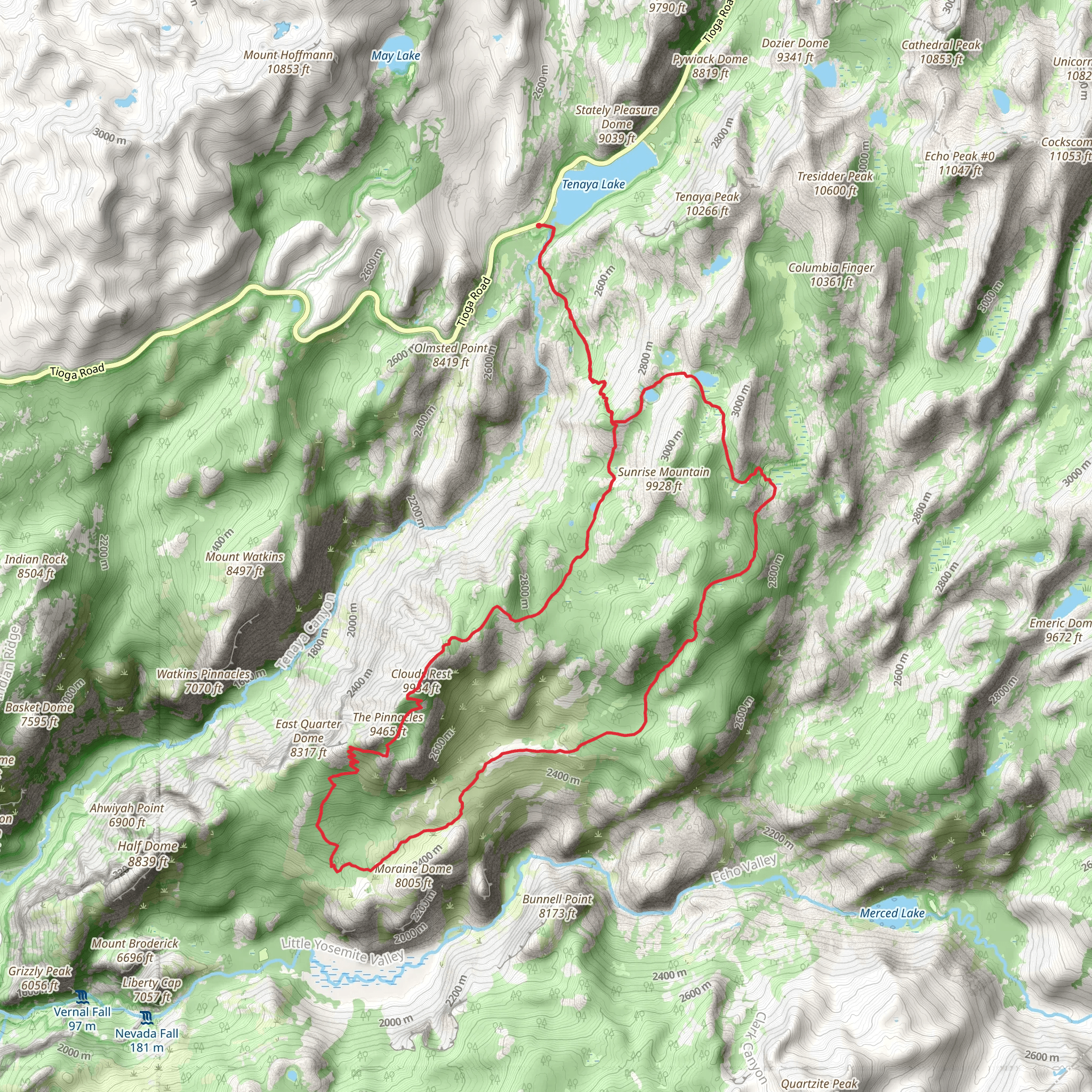 Clouds Rest Trail and John Muir Loop Trail mobile static map