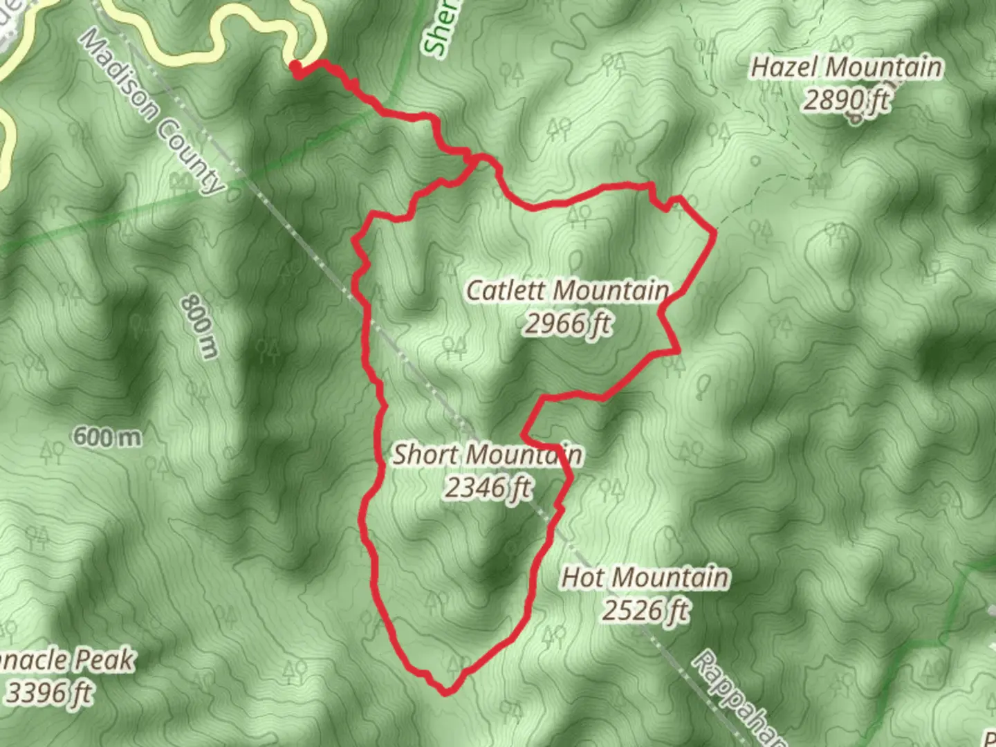 An image depicting the trail Loop around Catlett and Short Mountain and its surrounding area.