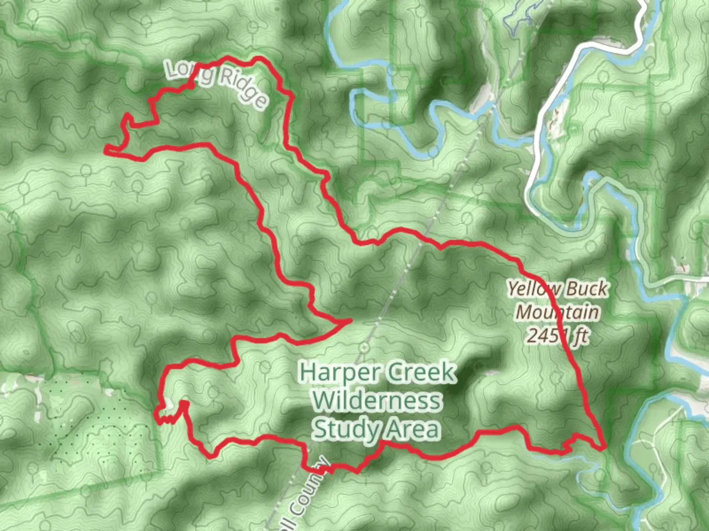 An image depicting the trail North Harper Shortcut, Raider Camp Trail and Yellow Buck Mountain Loop and its surrounding area.